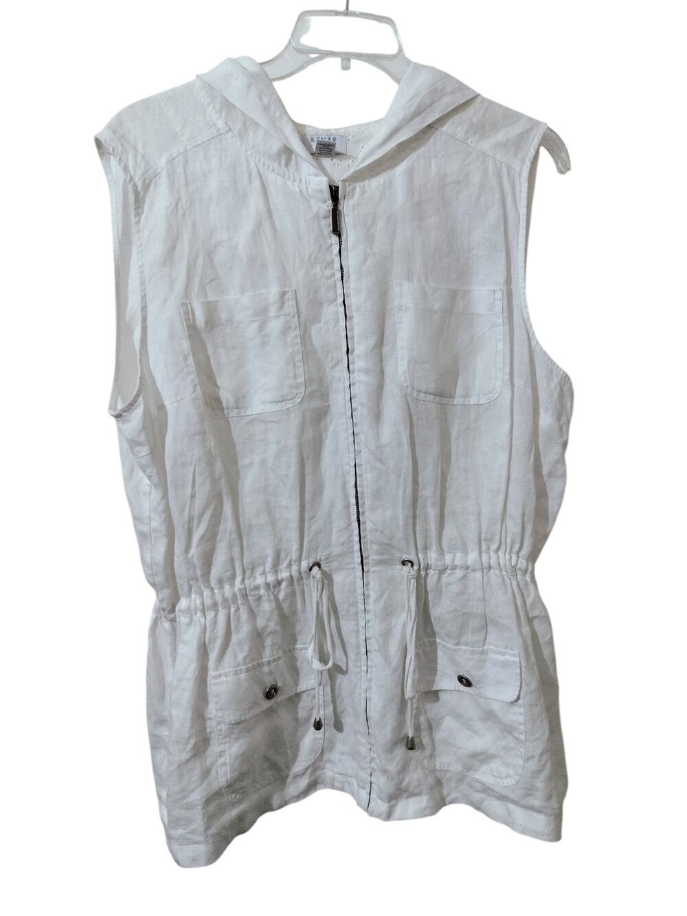 5737) Kenar White Linen Hooded Utility Zip Up Vest Jacket Cover Up Plus 1X